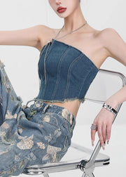 Slim Fit Denim Blue Backless Chain Linked Tank Sleeveless