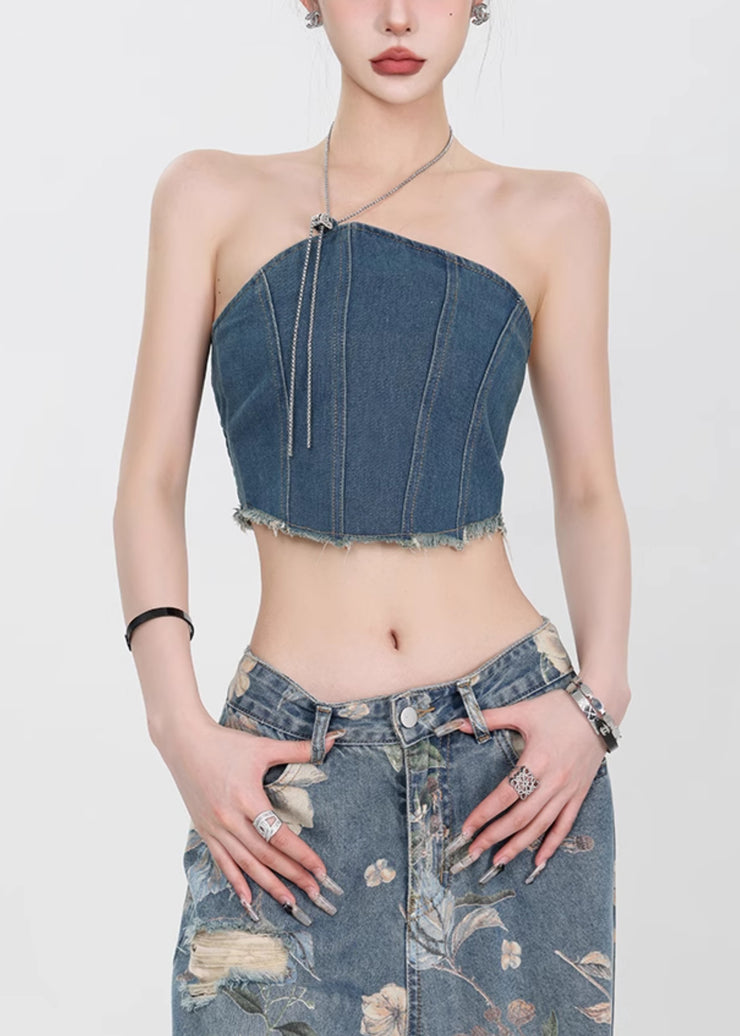Slim Fit Denim Blue Backless Chain Linked Tank Sleeveless