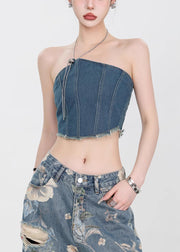 Slim Fit Denim Blue Backless Chain Linked Tank Sleeveless