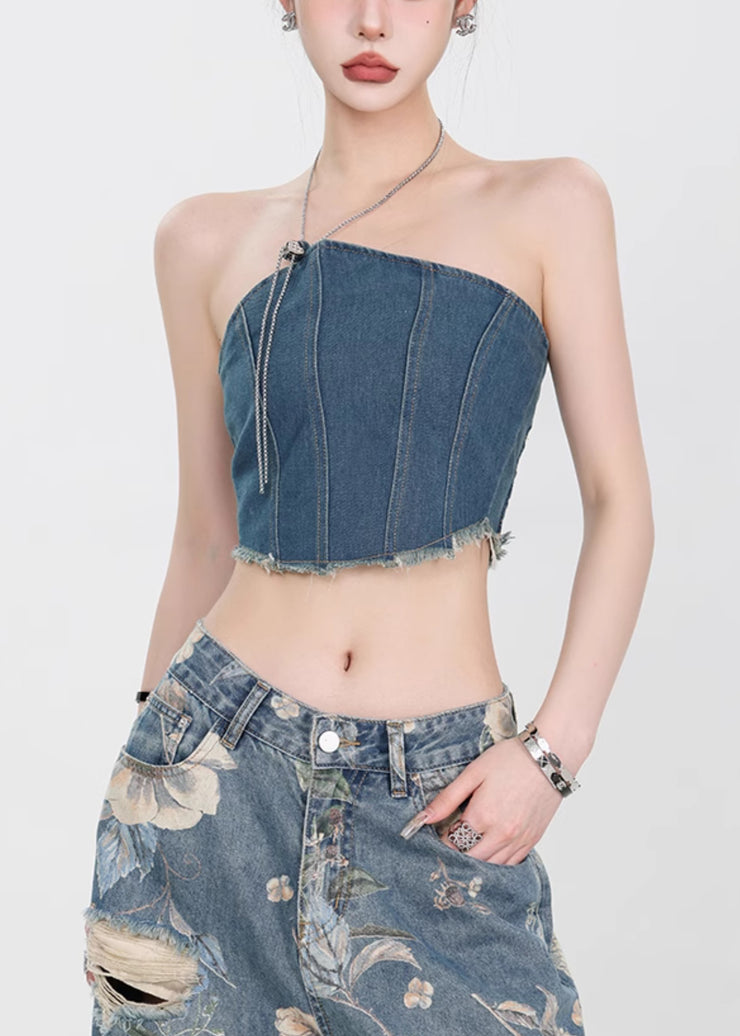 Slim Fit Denim Blue Backless Chain Linked Tank Sleeveless