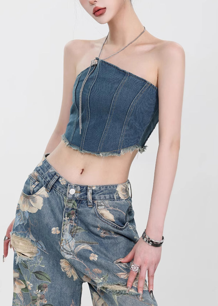 Slim Fit Denim Blue Backless Chain Linked Tank Sleeveless