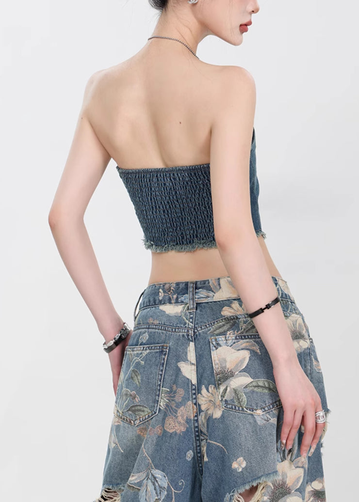 Slim Fit Denim Blue Backless Chain Linked Tank Sleeveless