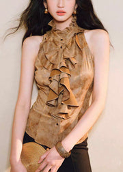 Slim Fit Gold Ruffled Button Silk Shirts Sleeveless
