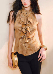 Slim Fit Gold Ruffled Button Silk Shirts Sleeveless