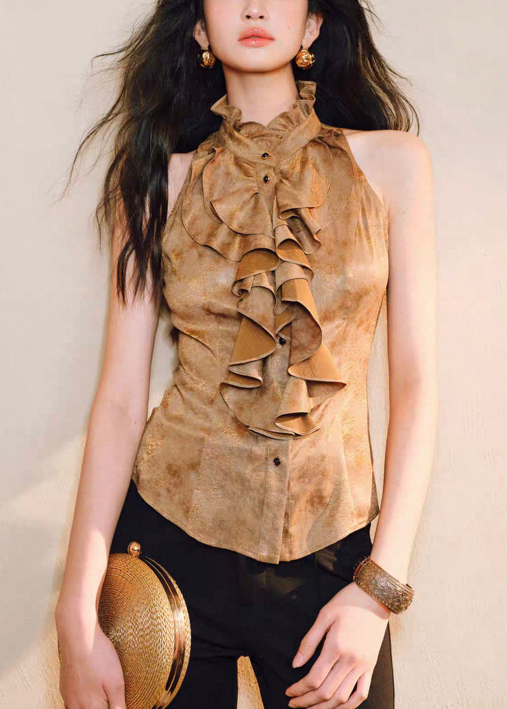 Slim Fit Gold Ruffled Button Silk Shirts Sleeveless