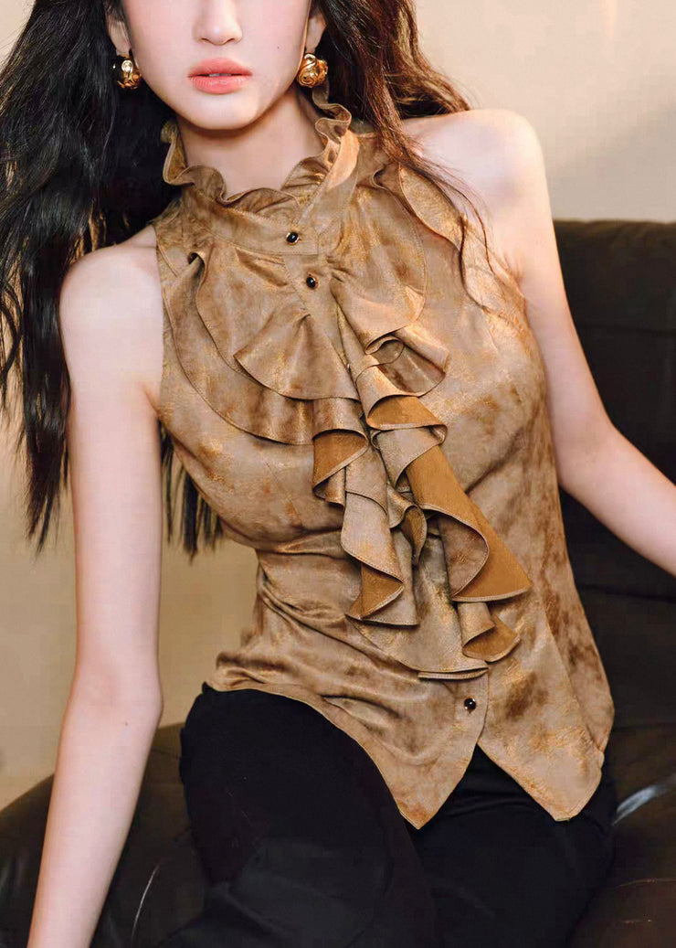 Slim Fit Gold Ruffled Button Silk Shirts Sleeveless