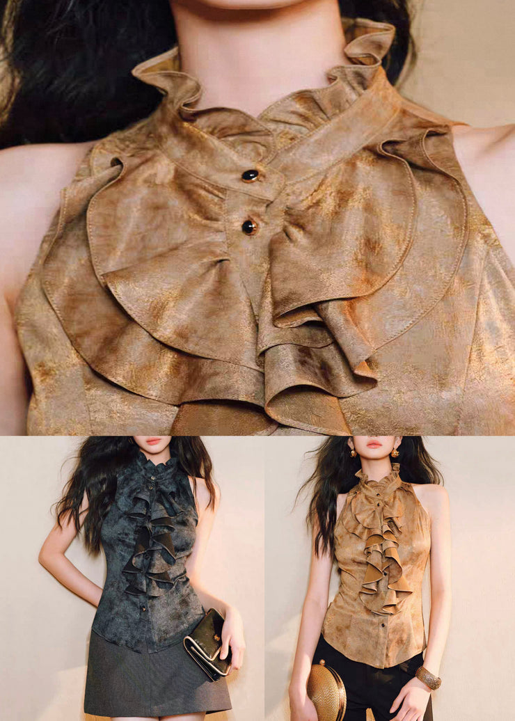 Slim Fit Gold Ruffled Button Silk Shirts Sleeveless