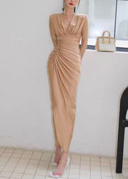 Slim Fit Gold V Neck Wrinkled Side Open Cotton Long Dress Fall