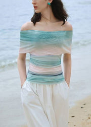 Slim Fit Gradient Color Slash Neck Knit Patchwork Tulle Top Summer