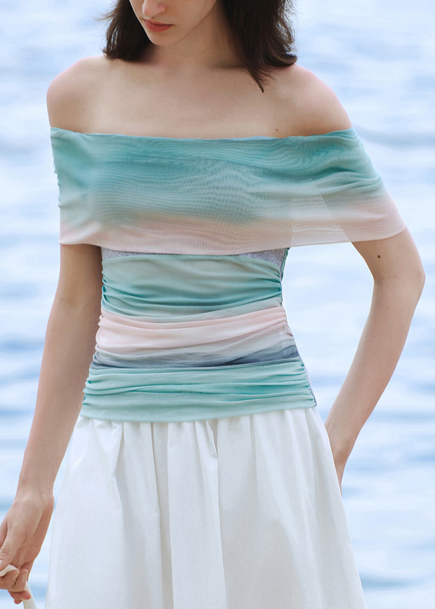 Slim Fit Gradient Color Slash Neck Knit Patchwork Tulle Top Summer