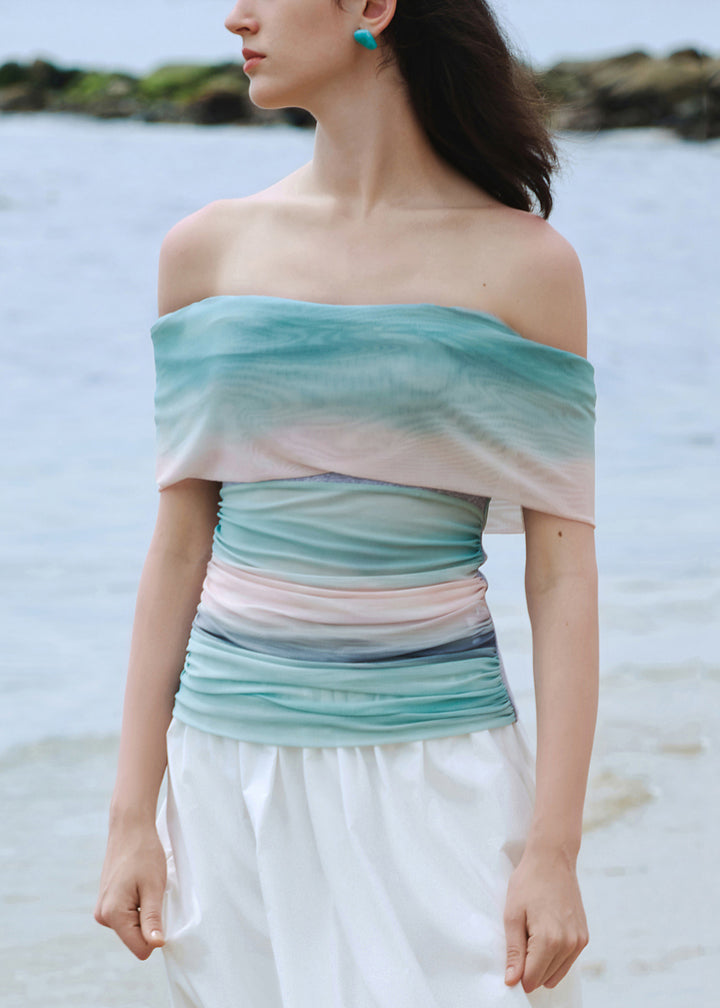 Slim Fit Gradient Color Slash Neck Knit Patchwork Tulle Top Summer