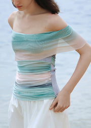 Slim Fit Gradient Color Slash Neck Knit Patchwork Tulle Top Summer