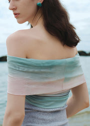 Slim Fit Gradient Color Slash Neck Knit Patchwork Tulle Top Summer