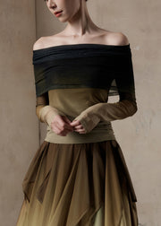 Slim Fit Gradient Color Slash Neck Tulle T Shirt Fall