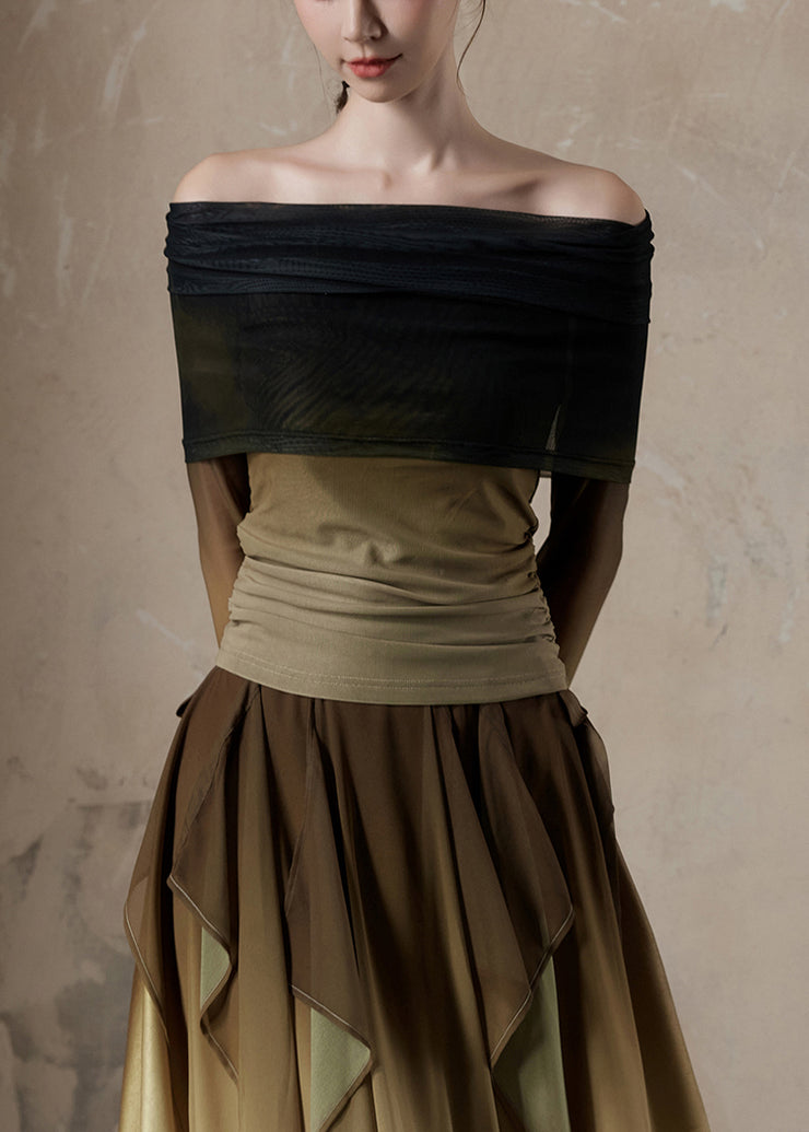 Slim Fit Gradient Color Slash Neck Tulle T Shirt Fall