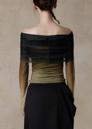 Slim Fit Gradient Color Slash Neck Tulle T Shirt Fall