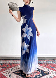 Slim Fit Gradient Color Turtleneck Print Tulle Long Dress Summer