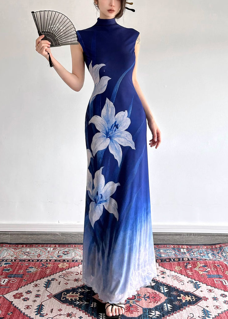 Slim Fit Gradient Color Turtleneck Print Tulle Long Dress Summer