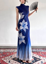 Slim Fit Gradient Color Turtleneck Print Tulle Long Dress Summer