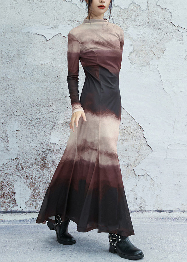 Slim Fit Gradient Color Turtleneck Tulle Long Dresses Fall