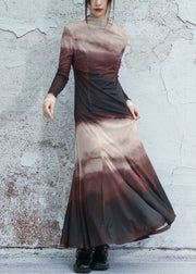 Slim Fit Gradient Color Turtleneck Tulle Long Dresses Fall