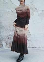 Slim Fit Gradient Color Turtleneck Tulle Long Dresses Fall