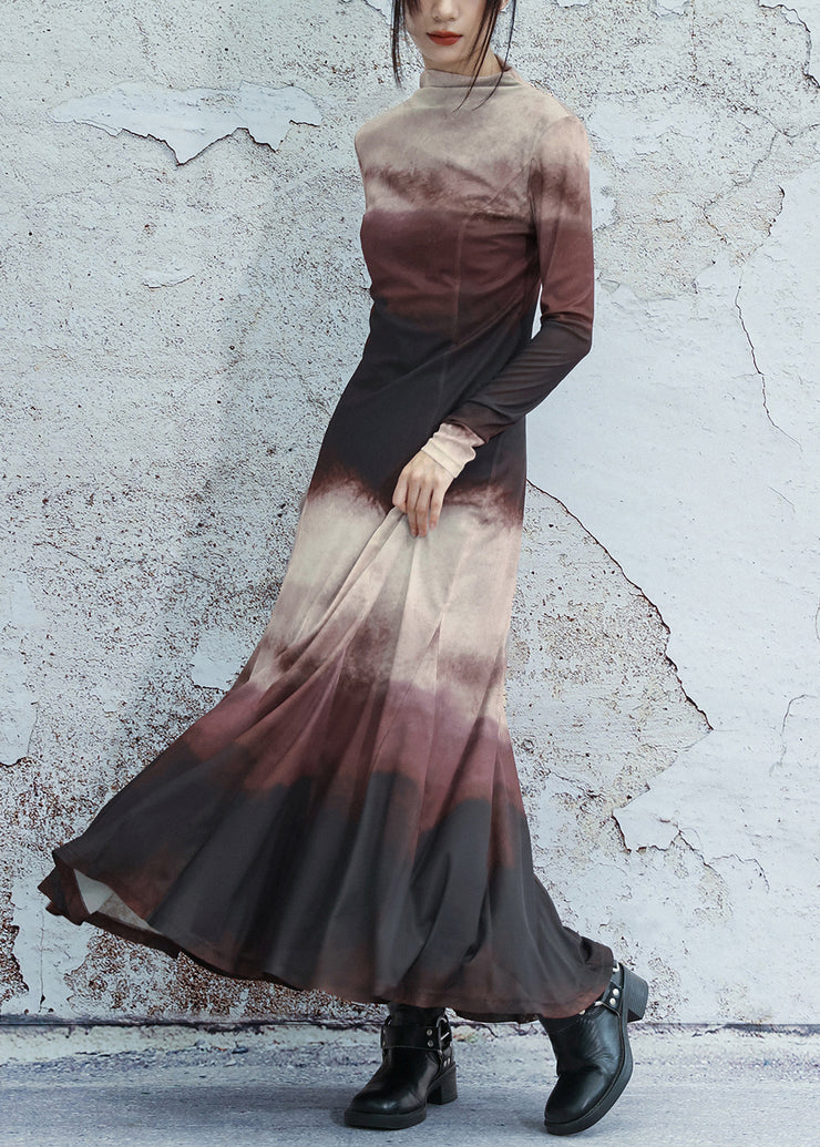 Slim Fit Gradient Color Turtleneck Tulle Long Dresses Fall