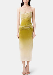 Slim Fit Gradient Color Wrinkled Side Open Silk Velvet Spaghetti Strap Dress Sleeveless