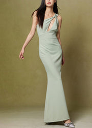 Slim Fit Green Asymmetrical Hollow Out Cotton Long Dresses Sleeveless