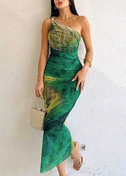 Slim Fit Green Cold Shoulder Print Cotton Long Dress Sleeveless