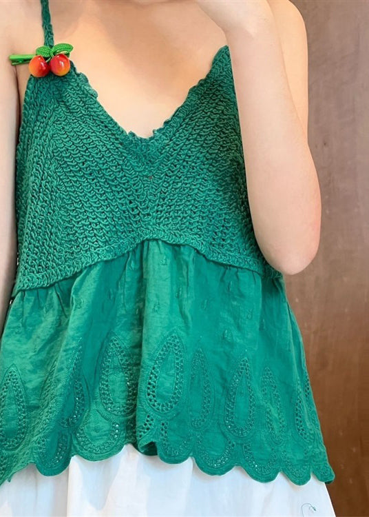 Slim Fit Green Hollow Out Knit Patchwork Spaghetti Strap Tank Sleeveless
