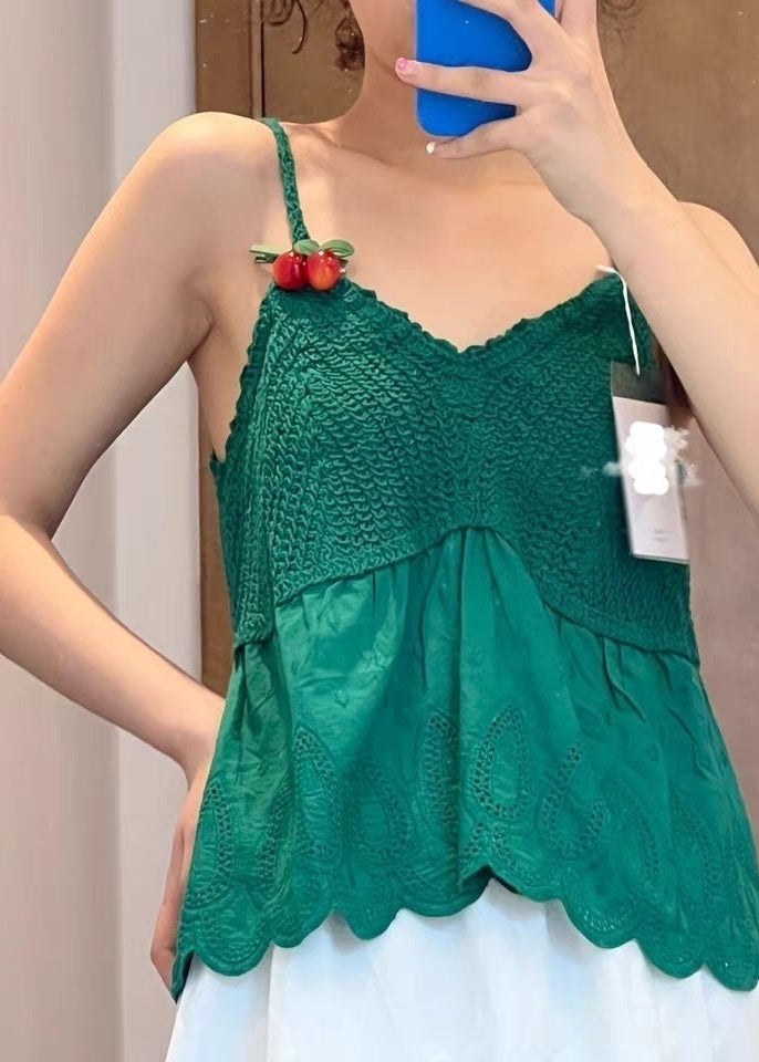 Slim Fit Green Hollow Out Knit Patchwork Spaghetti Strap Tank Sleeveless