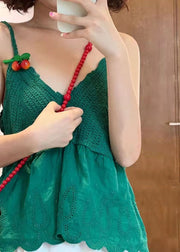 Slim Fit Green Hollow Out Knit Patchwork Spaghetti Strap Tank Sleeveless