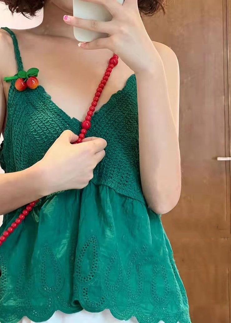 Slim Fit Green Hollow Out Knit Patchwork Spaghetti Strap Tank Sleeveless
