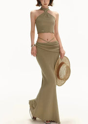 Slim Fit Green Hollow Out Lace Up Knit Two Pieces Set Sleeveless