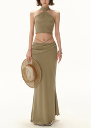 Slim Fit Green Hollow Out Lace Up Knit Two Pieces Set Sleeveless