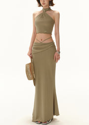 Slim Fit Green Hollow Out Lace Up Knit Two Pieces Set Sleeveless