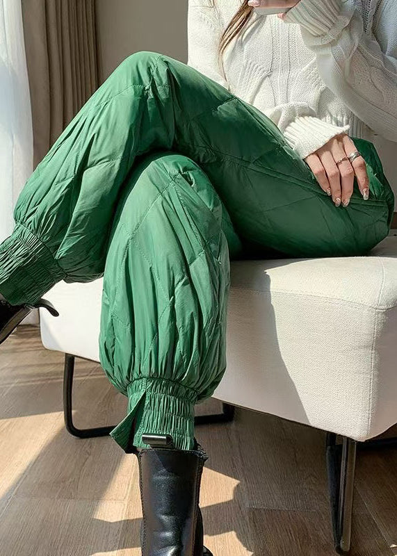 Slim Fit Green Plaid Side Open Fine Cotton Filled Crop Pants Winter