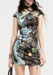 Slim Fit Green Print Button Mid Dress Summer
