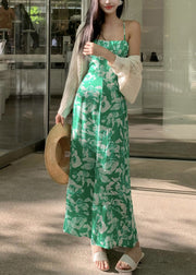 Slim Fit Green Print High Waist Cotton Spaghetti Strap Dress Summer