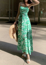 Slim Fit Green Print High Waist Cotton Spaghetti Strap Dress Summer