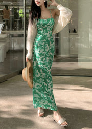 Slim Fit Green Print High Waist Cotton Spaghetti Strap Dress Summer