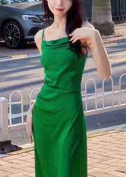 Slim Fit Green Square Collar High Waist Cotton Spaghetti Strap Dress Sleeveless