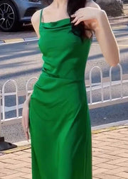 Slim Fit Green Square Collar High Waist Cotton Spaghetti Strap Dress Sleeveless