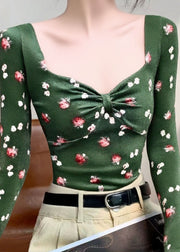 Slim Fit Green Square Collar Print Cotton T Shirts Tops Fall
