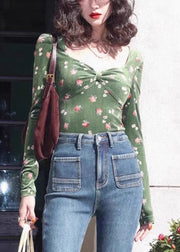 Slim Fit Green Square Collar Print Cotton T Shirts Tops Fall