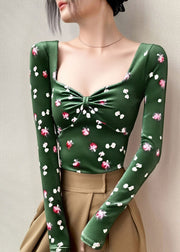 Slim Fit Green Square Collar Print Cotton T Shirts Tops Fall