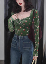 Slim Fit Green Square Collar Print Cotton T Shirts Tops Fall