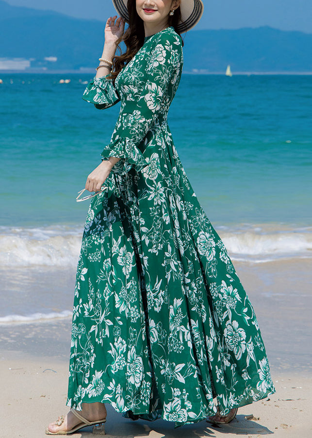 Slim Fit Green Turtleneck Print Chiffon Long Beach A Line Dresses Spring