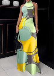 Slim Fit Green Turtleneck Print Cotton Maxi Dress Sleeveless